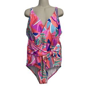 Freshwater Womens Size 3X Sash-Tie Crossover One Piece Swimsuit Tropical Floral
